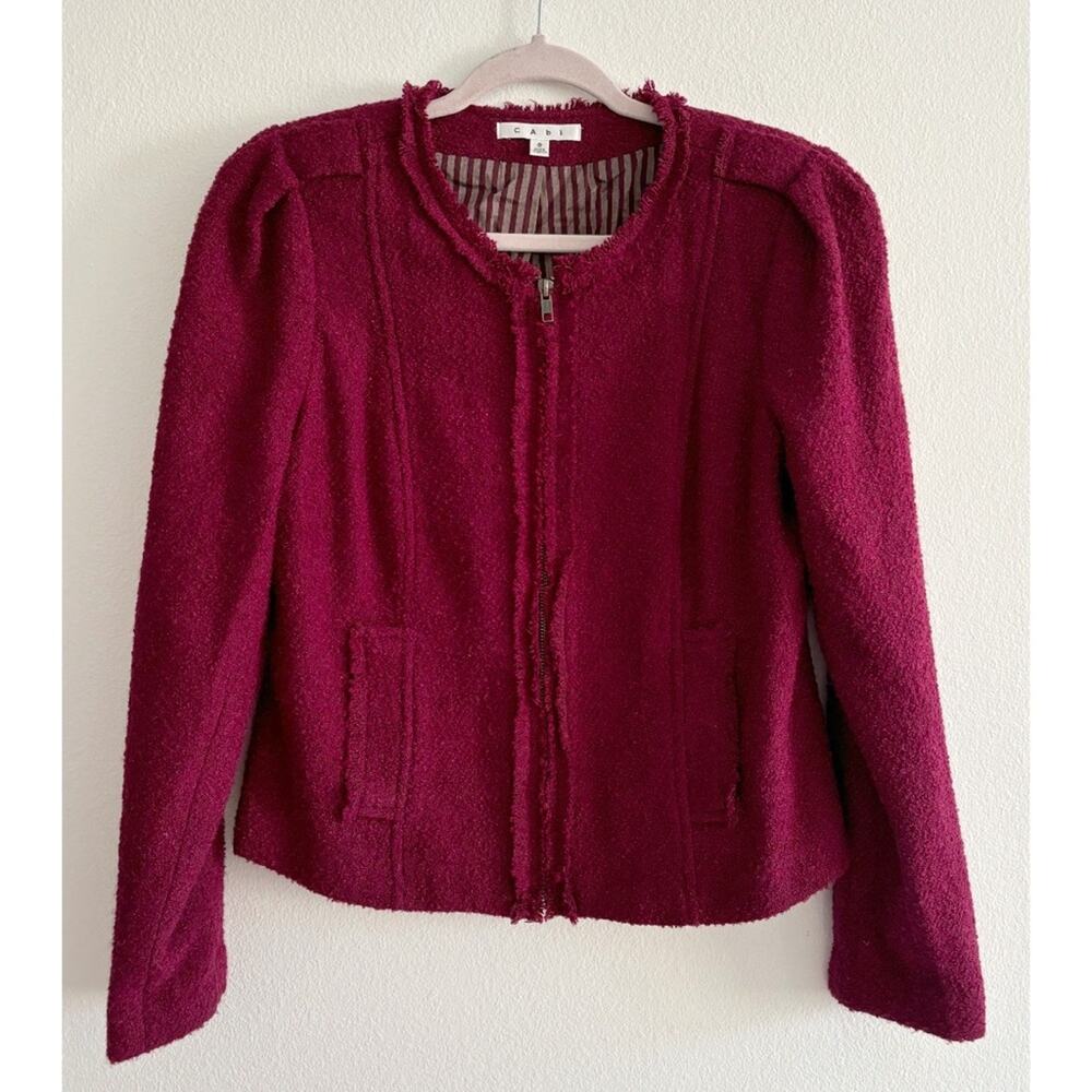 CAbi Merlot Fringe Trim Zip Up Wool Blend Boucle Jacket Size 8